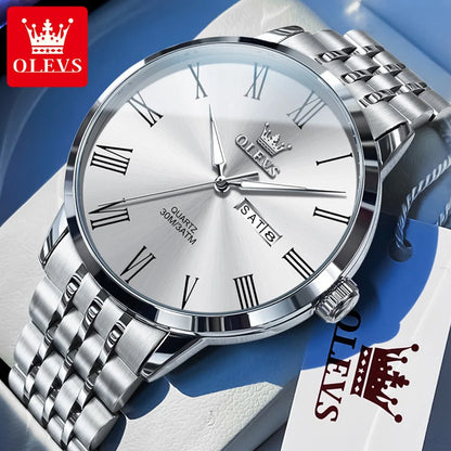 OLEVS 3633 Men's Watch - Business Simple, Waterproof, Luminous, Stainless Steel, Dual Calendar