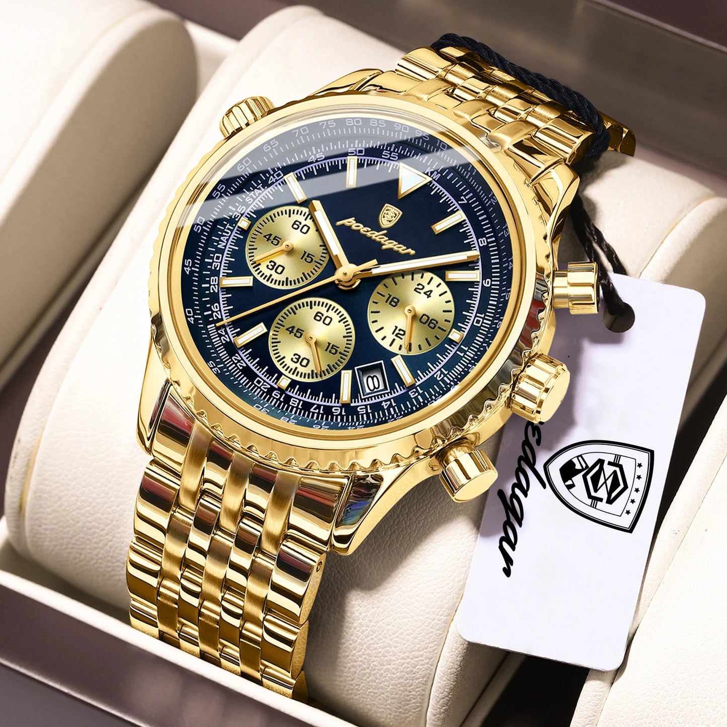 POEDAGAR 960 Men's Luxury Chronograph Watch - Stainless Steel, Luminous, 3ATM, Auto Date