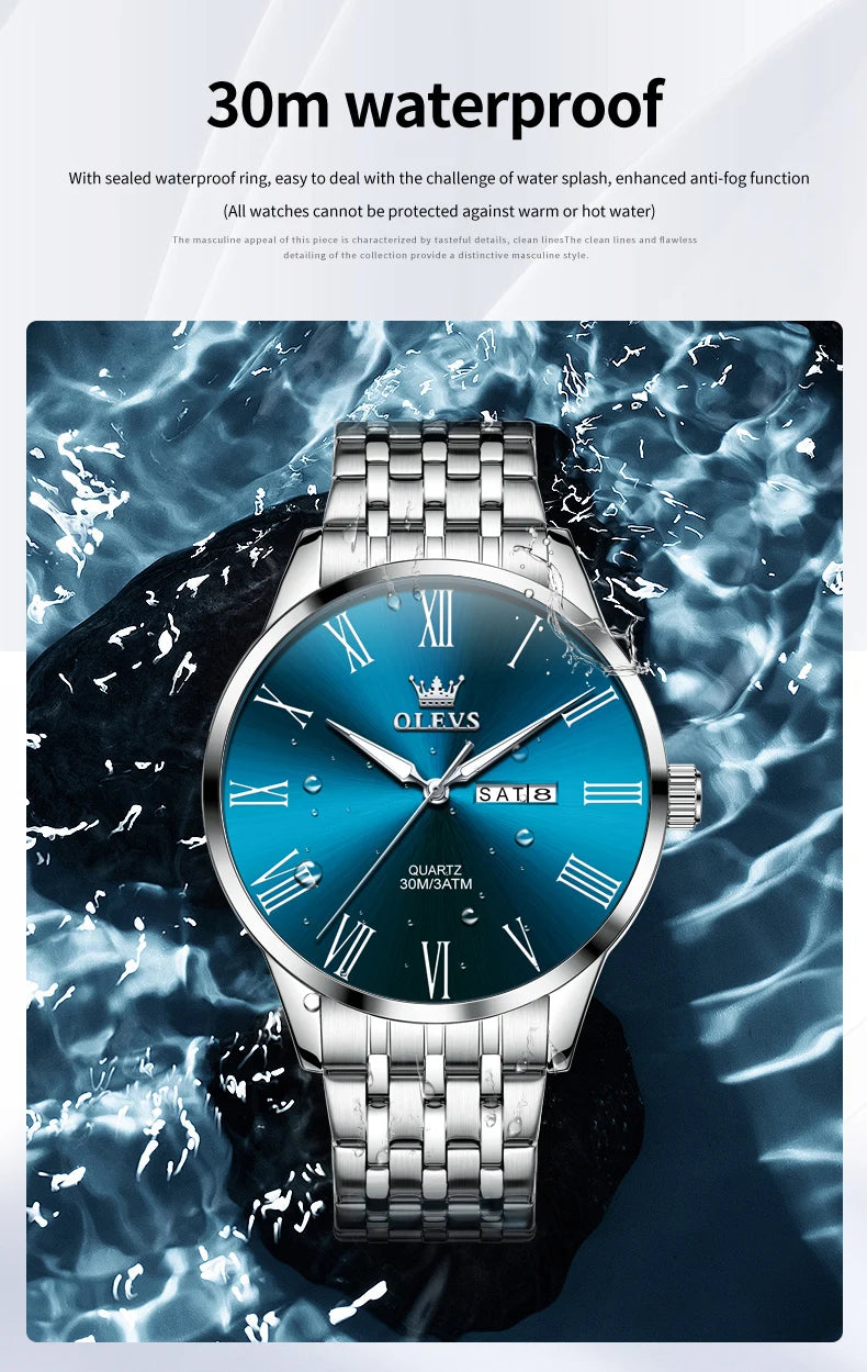 OLEVS 3633 Men's Watch - Business Simple, Waterproof, Luminous, Stainless Steel, Dual Calendar