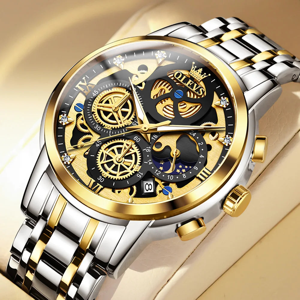OLEVS 9947 Men's Watch - Luxury, Waterproof, Gold Skeleton, 24 Hour Day Night, Quartz