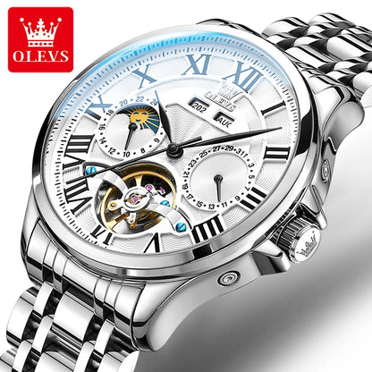 OLEVS 7013 Men's Watch - Moon Phase, Mechanical Automatic, Hollow Flywheel, Waterproof