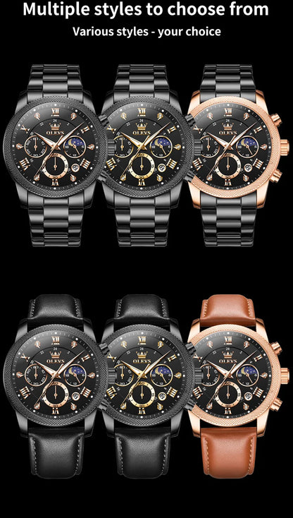 OLEVS 3660 Men's Watch - Moon Phase, Chronograph, Leather Strap, Waterproof, Anti-Magnetic