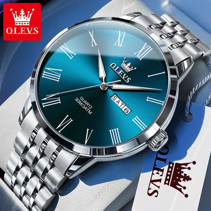 OLEVS 3633 Men's Watch - Business Simple, Waterproof, Luminous, Stainless Steel, Dual Calendar