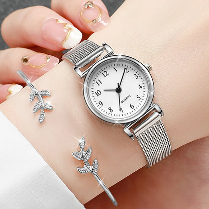 Women's 2pcs Quartz Watch & Opening Cuff Bracelet Set - Steel Mesh Band, Arabic Numeral, 25mm