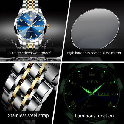 OLEVS 9931 Men's Watch - Rhombus Mirror, Waterproof, Luminous, Stainless Steel, Date Week