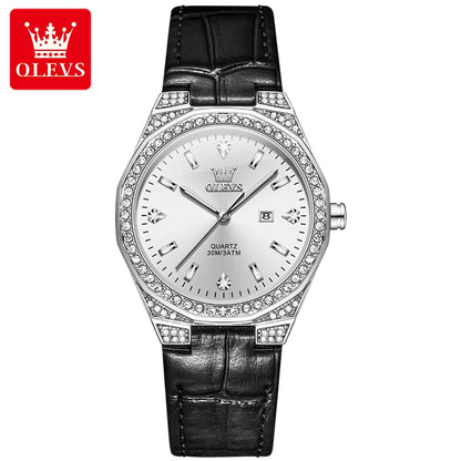 OLEVS 5606 Original Diamond Watch - Leather Strap, 3M Waterproof, Luminous