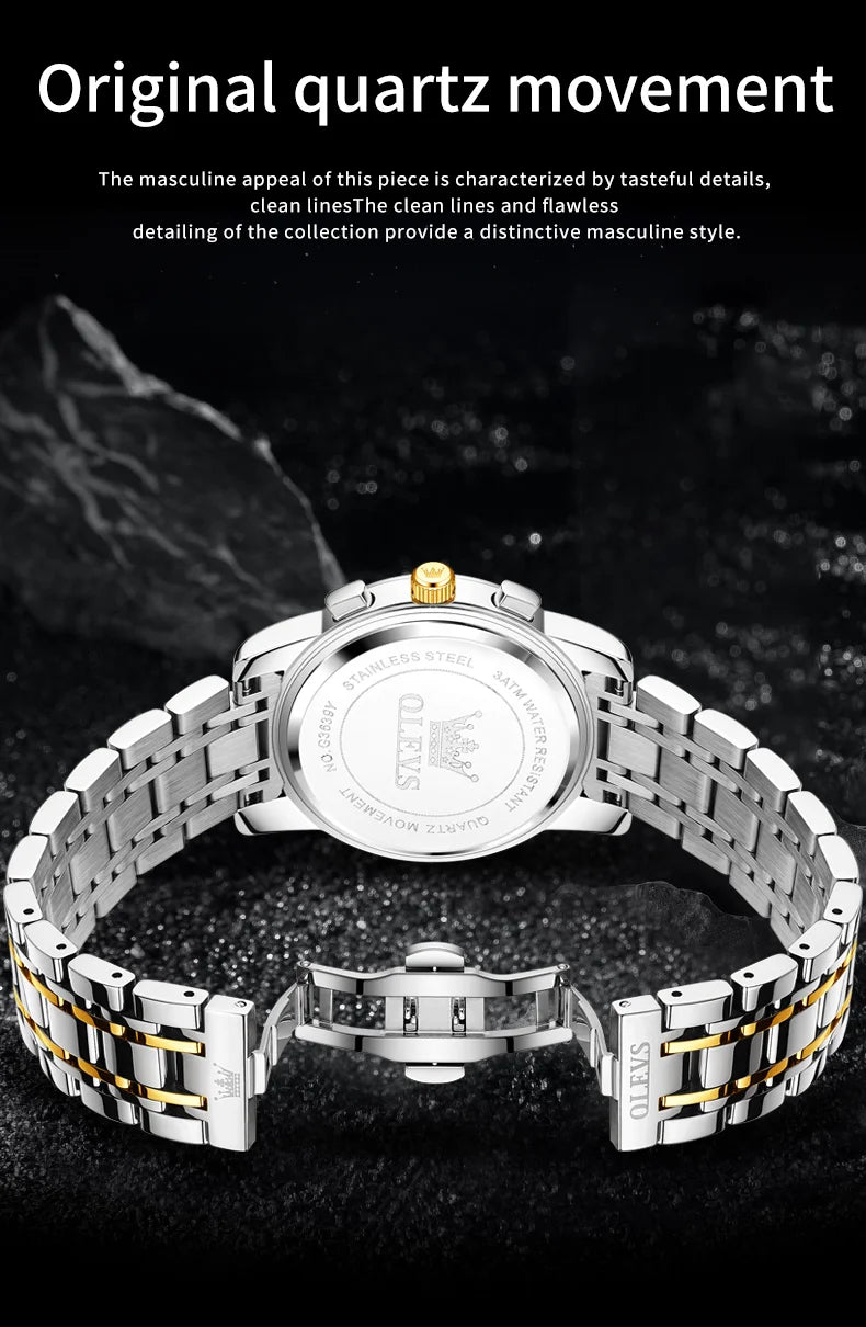 OLEVS Moon Phase Watch - Gold Blue Stainless Steel Chronograph