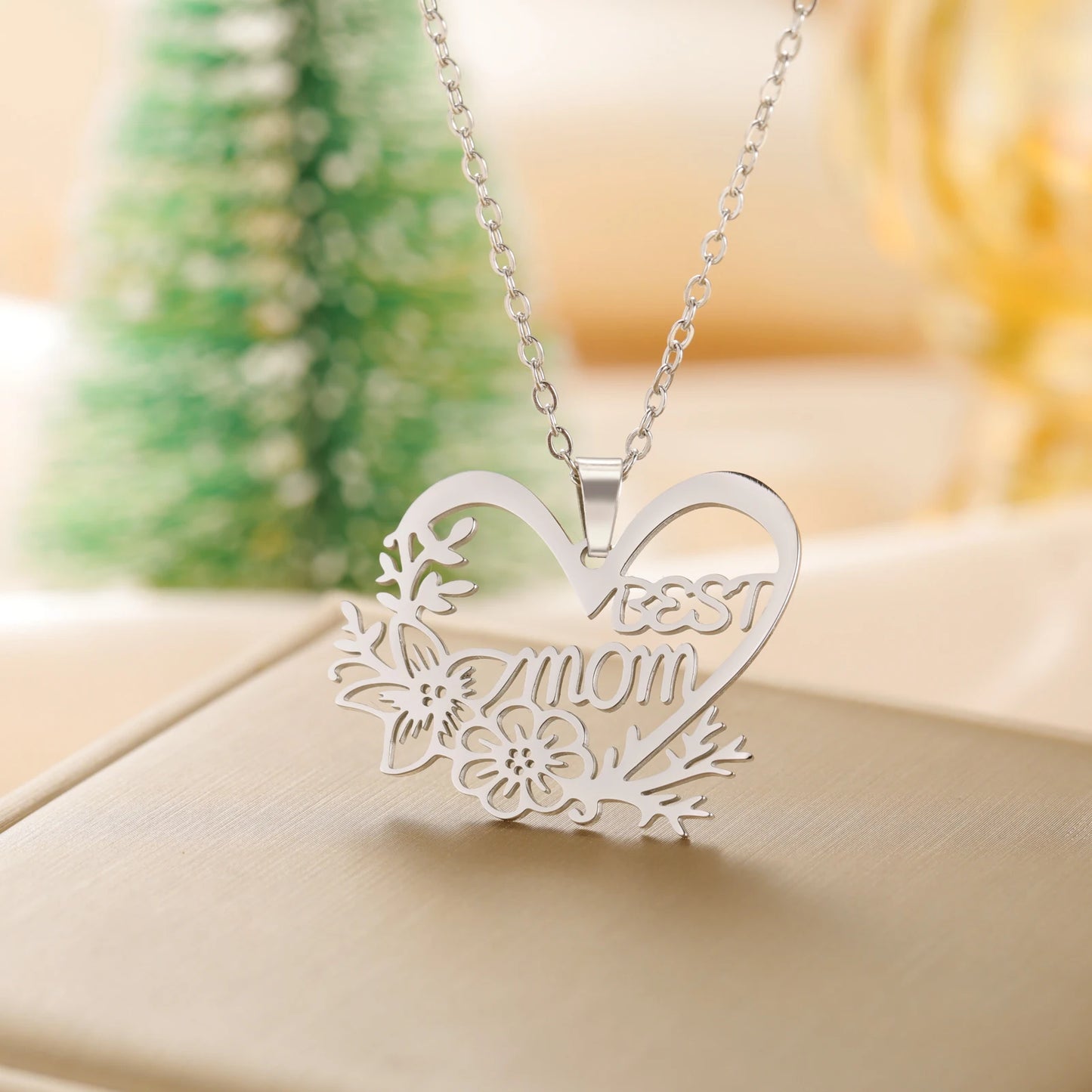 Mom Heart Flower Pendant Necklace – Stainless Steel, Gold & Silver, 45cm