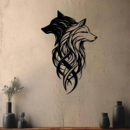 Twin Wolf Metal Wall Sculpture - Black & White Wrought Iron Set