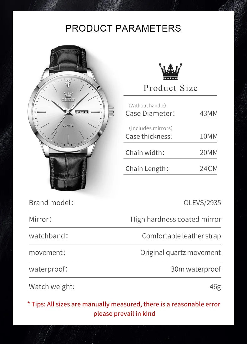 OLEVS 2935 Men's Watch - 43mm, Dual Calendar, Luminous, 3ATM Waterproof, Leather Strap
