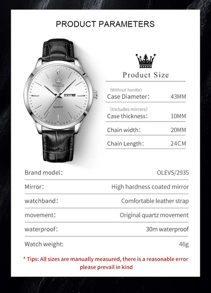 OLEVS 2935 Men's Watch - 43mm, Dual Calendar, Luminous, 3ATM Waterproof, Leather Strap
