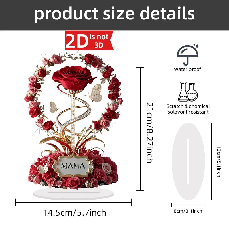 8" Acrylic Rose 'MOM' Standing Decoration – Love Theme, Pastoral Style