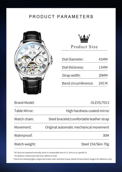 OLEVS 7013 Men's Watch - Moon Phase, Mechanical Automatic, Hollow Flywheel, Waterproof