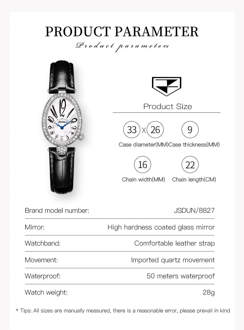 JSDUN 8827 Women's Quartz Watch - 50M Waterproof, Leather Band, Luxury