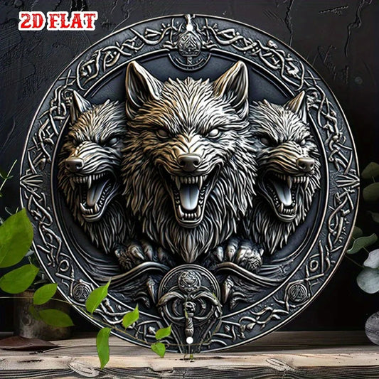 Wolf Faces Aluminum Sign - 20cm Round Celtic Knotwork Metal Wall Art