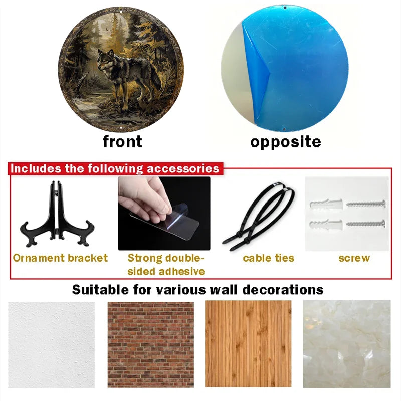 Wolf in Forest Aluminum Metal Wall Art - Round Sign, Waterproof