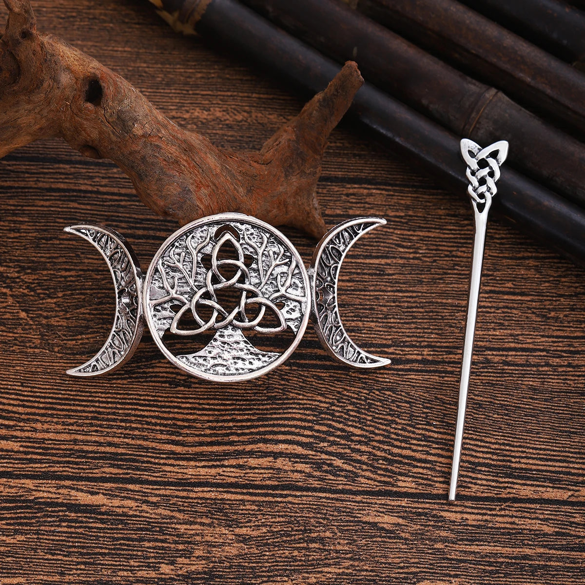 Odin Celtic Knot Crescent Hairpin – Viking Style, Metal Alloy, Silver