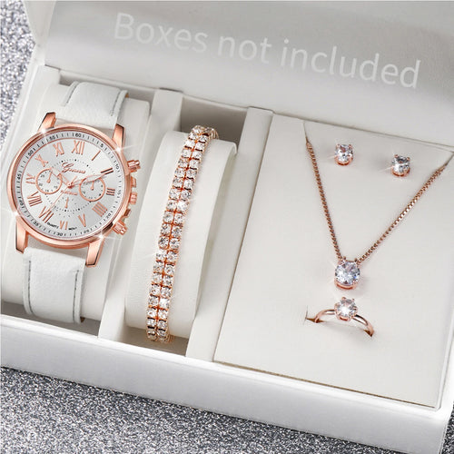 Women's 6pcs Quartz Watch & Diamond Jewelry Set - Leather Band, Roman Numeral, 42mm, No Box