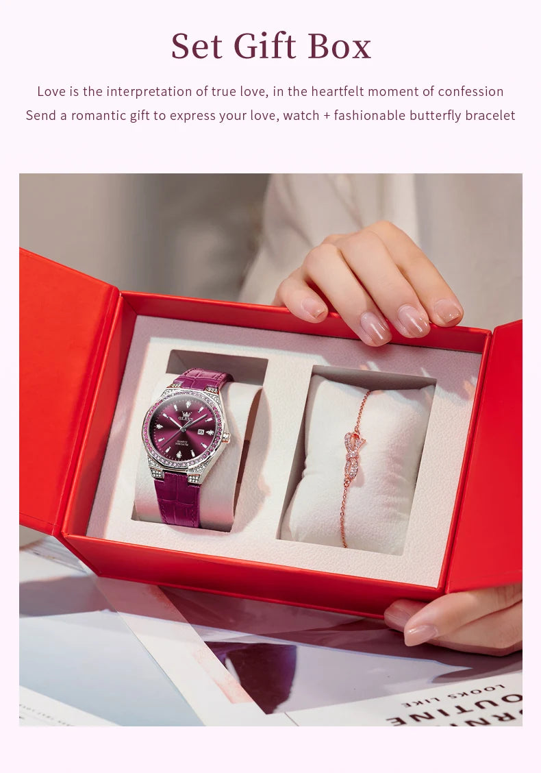 OLEVS 5606 Original Diamond Watch - Leather Strap, 3M Waterproof, Luminous