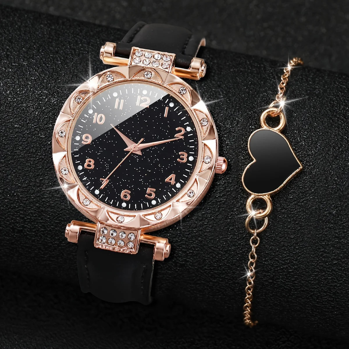 2pcs Women's Rhinestone Quartz Watch & Heart Bracelet Set - PU Leather, Arabic Numeral, 33mm