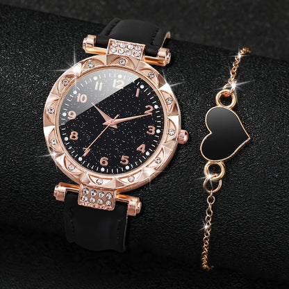 2pcs Women's Rhinestone Quartz Watch & Heart Bracelet Set - PU Leather, Arabic Numeral, 33mm