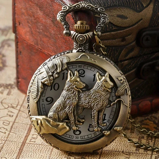 Wolf Pocket Watch - Vintage Quartz with Chain
