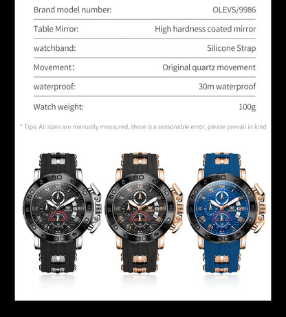 OLEVS 9986 Men's Watch - 51mm Large Dial, Silicone Strap, Waterproof, Chronograph, Luminous