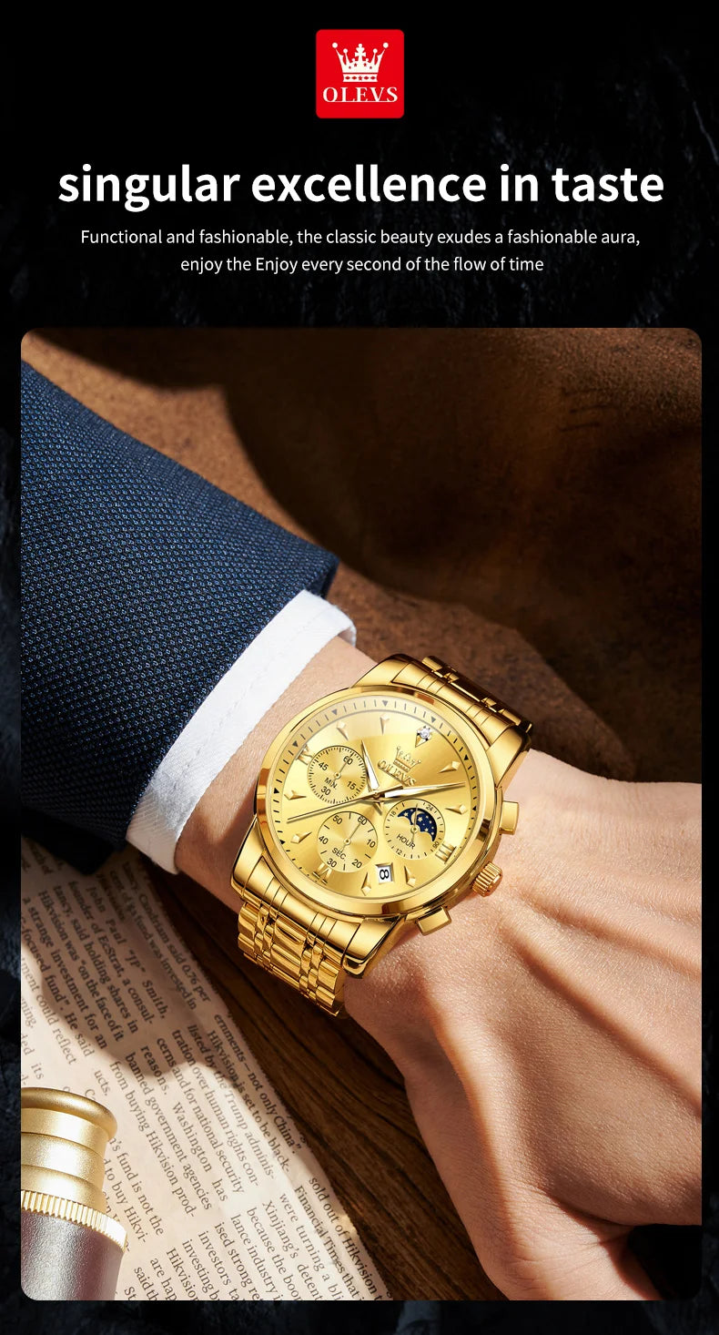 OLEVS Moon Phase Watch - Gold Blue Stainless Steel Chronograph