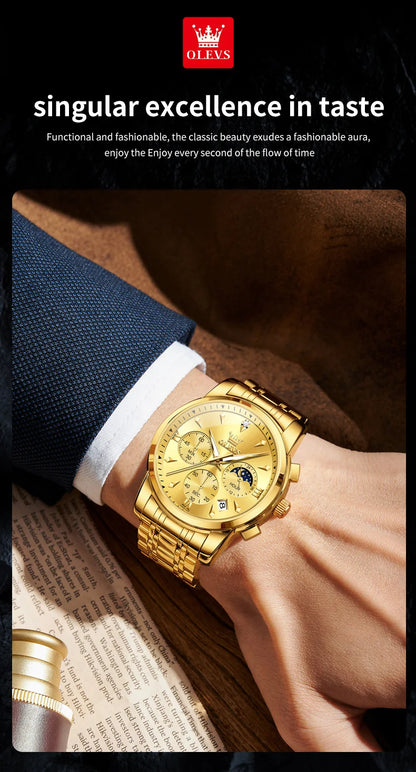 OLEVS Moon Phase Watch - Gold Blue Stainless Steel Chronograph