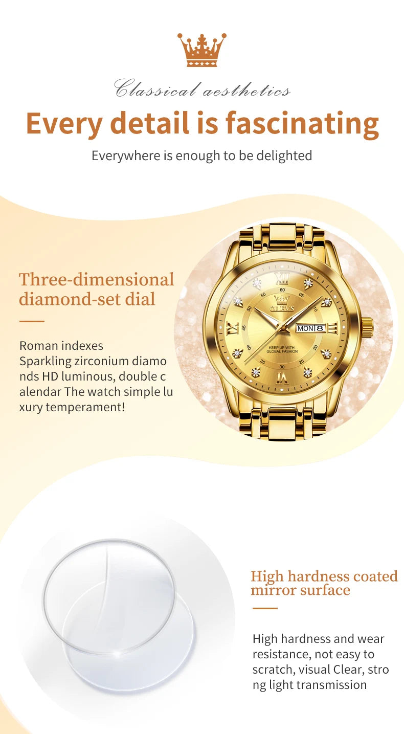 OLEVS 5513 Couple Watch - Stainless Steel, Waterproof, Luxury Gold Diamond, Lover's Pair