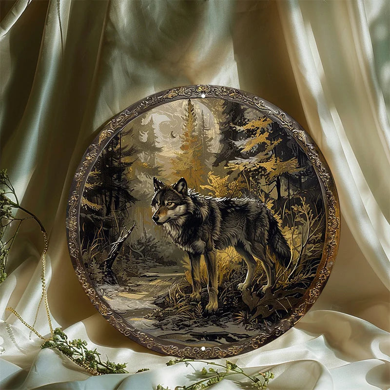 Wolf in Forest Aluminum Metal Wall Art - Round Sign, Waterproof
