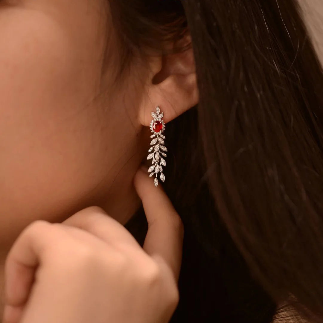 925 Sterling Silver Red Gemstone Tassel Earrings - Vintage Style