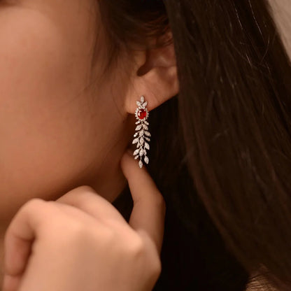 925 Sterling Silver Red Gemstone Tassel Earrings - Vintage Style