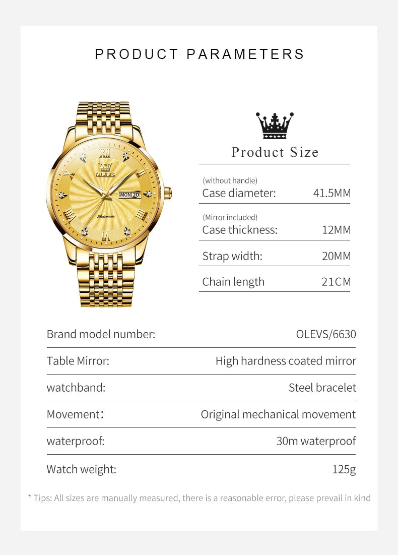 OLEVS 6630 Men's Watch - Automatic Mechanical, Threaded Dial, Waterproof, Stainless Steel, Luxury