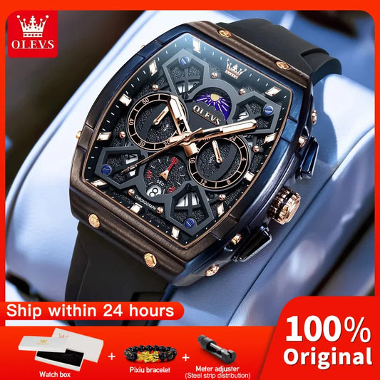 OLEVS 2492 Men's Watch - Tonneau Hollow Out, Moon Phase, Waterproof, Luminous, Silicone