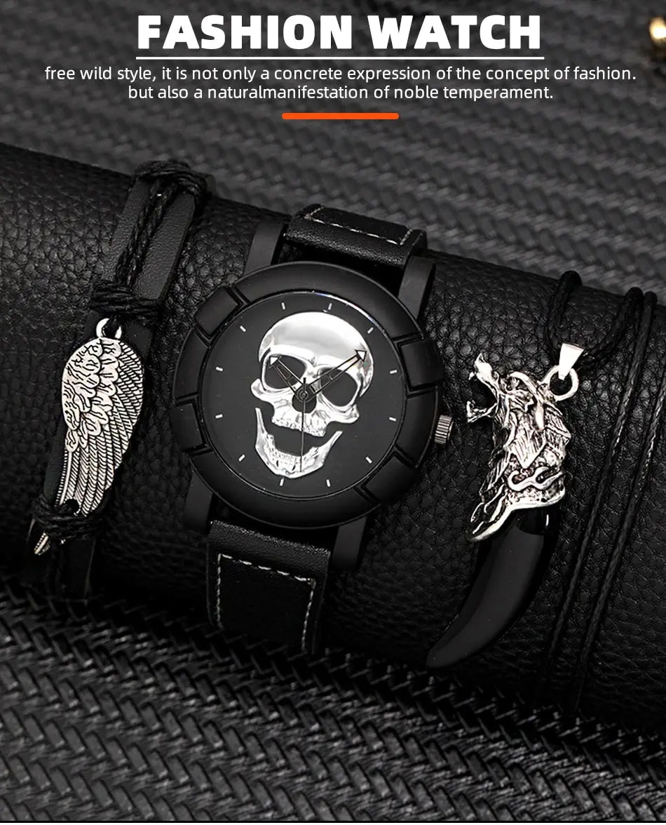 DEYROS 3pcs Men's Skull Quartz Watch Set - Watch, Necklace & Bracelet, Stainless Steel, Hardlex