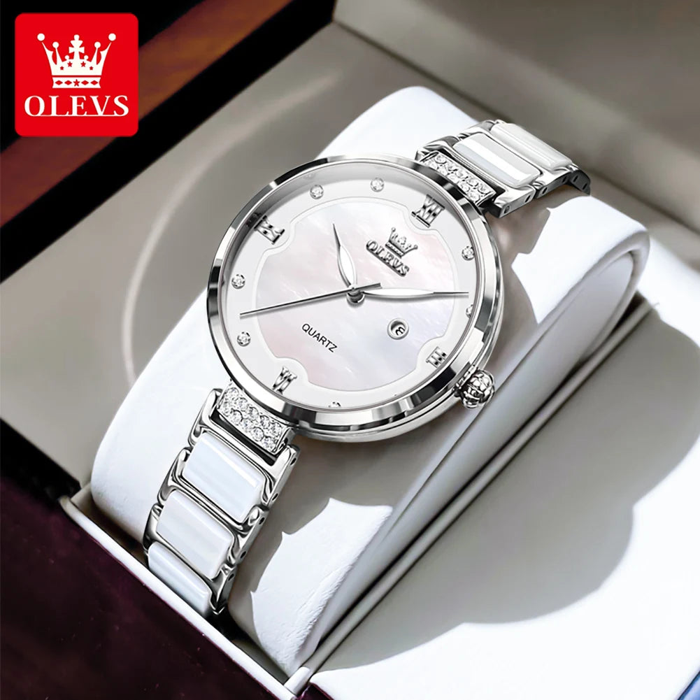 OLEVS 5589 Luxury Diamond Women's Watch - Ceramic Band, Roman Numeral, 3ATM, Bracelet Set