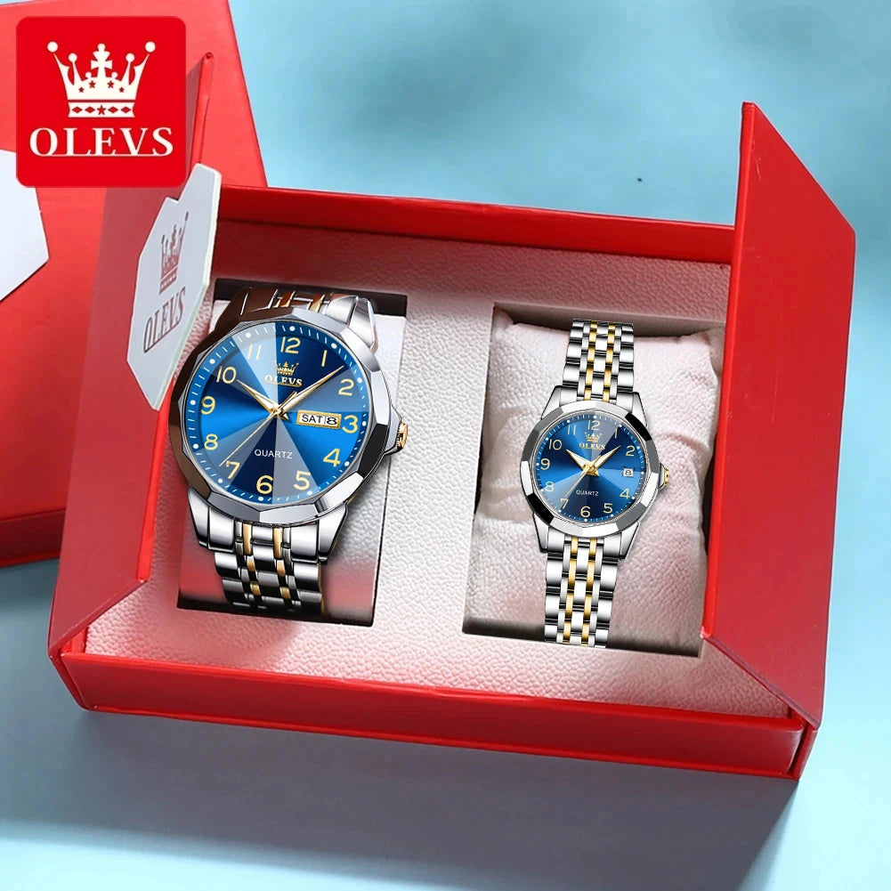 OLEVS 9970 Couple Watch - Luxury, Stainless Steel, Waterproof, Calendar, Digital Dial, Rhombus Mirror