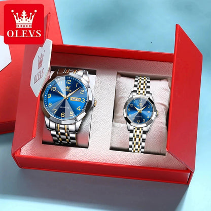 OLEVS 9970 Couple Watch - Luxury, Stainless Steel, Waterproof, Calendar, Digital Dial, Rhombus Mirror