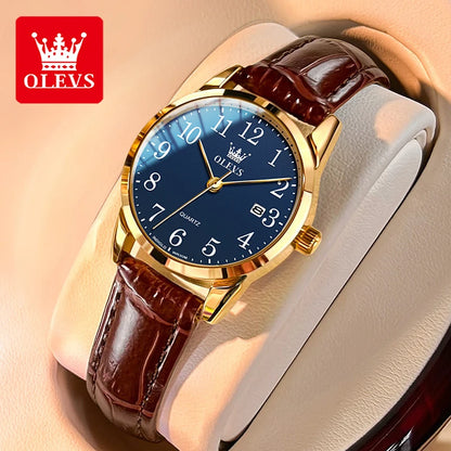 OLEVS 5566 Watch - Fashion Quartz, Leather Strap, Waterproof, Arabic Numeral, Men & Women