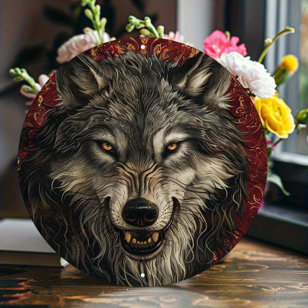 Glowing Eye Wolf Metal Wall Art - Round Iron Sign Decor