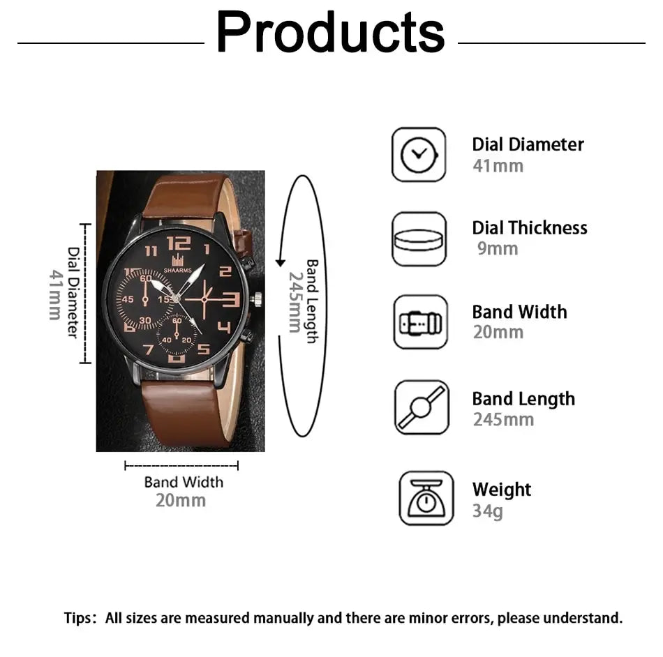 Men's 5pcs Retro Big Dial Quartz Watch & Bracelet Set - Leather Band, Arabic Numeral, 41mm