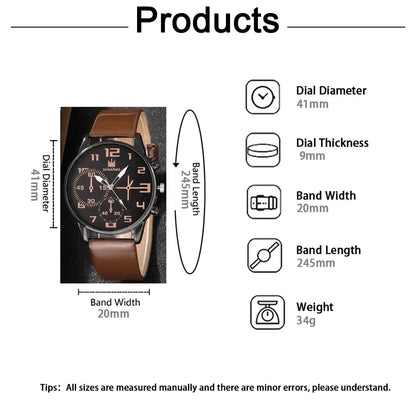 Men's 5pcs Retro Big Dial Quartz Watch & Bracelet Set - Leather Band, Arabic Numeral, 41mm