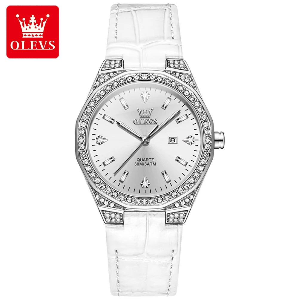 OLEVS 5606 Original Diamond Watch - Leather Strap, 3M Waterproof, Luminous