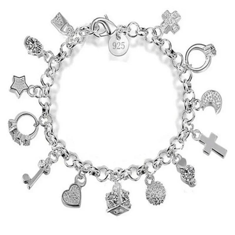 925 Sterling Silver Charm Bracelet - 13 Pendants