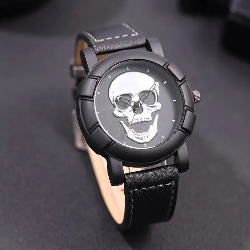 DEYROS 3pcs Men's Skull Quartz Watch Set - Watch, Necklace & Bracelet, Stainless Steel, Hardlex