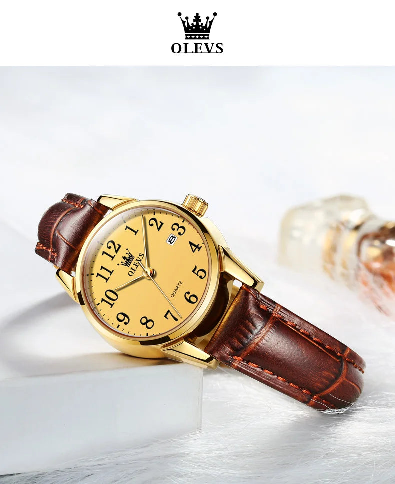OLEVS 5566 Watch - Fashion Quartz, Leather Strap, Waterproof, Arabic Numeral, Men & Women