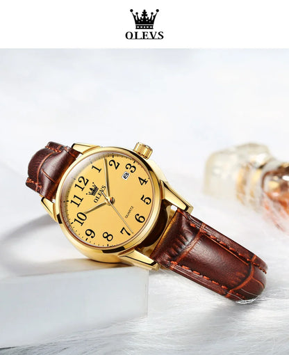 OLEVS 5566 Watch - Fashion Quartz, Leather Strap, Waterproof, Arabic Numeral, Men & Women