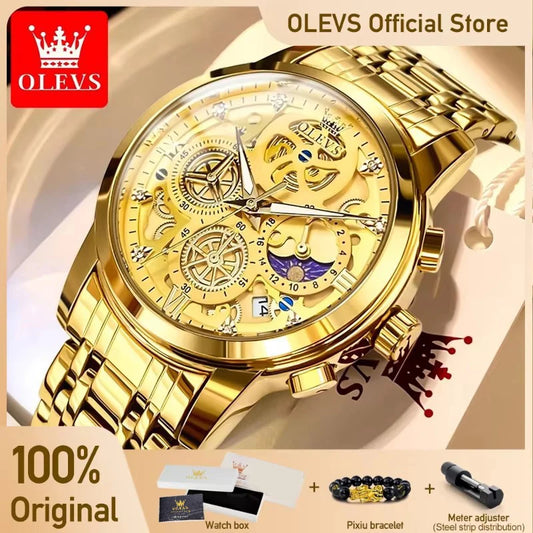 OLEVS 9947 Men's Watch - Luxury, Waterproof, Gold Skeleton, 24 Hour Day Night, Quartz