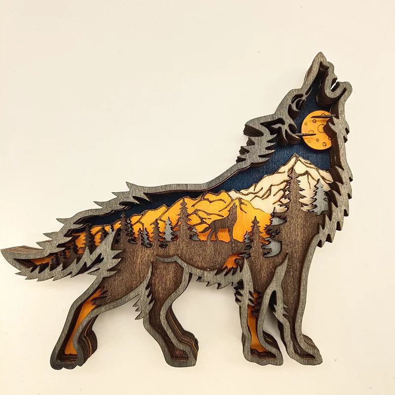 Wooden Wolf Statue with Light - 16x14cm American Style Decor